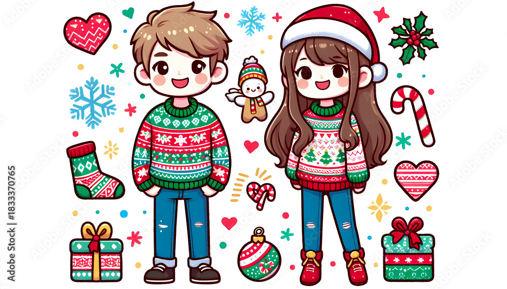 Fototapeta premium christmas couple in sweater, cute cartoon clipart, xmas graphic design illustration wallpaper 