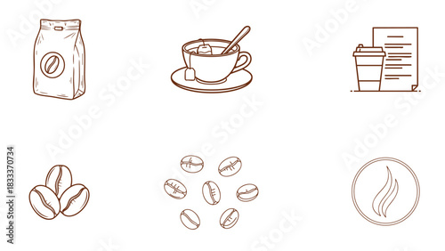 Collection of six handdrawn coffee related icons and symbols
