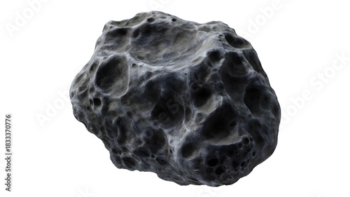 A detailed close up of a dark gray asteroid with a rough textured surface and numerous craters isolated on transparent background
