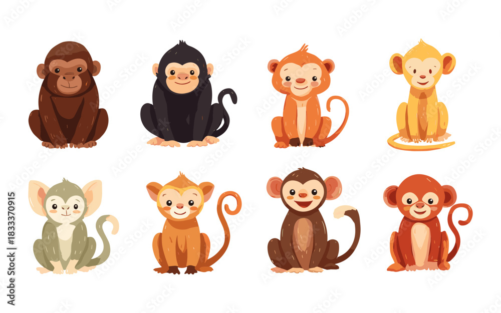 Fototapeta premium Cute Monkey Family Vector Set – Gorillas, Chimpanzees, Baby Monkeys