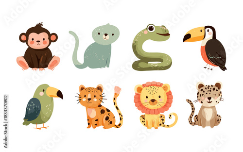 Cute Jungle Animals Vector Set – Monkey, Snake, Lion, Leopard and Tropical Birds