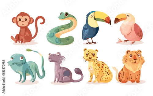 Cute Jungle Animals Vector Set – Monkey Snake Toucan Chameleon Leopard Lion Illustration