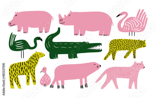 Cute Jungle and Safari Animals Vector Set – Hippo Crocodile Flamingo Leopard Bear