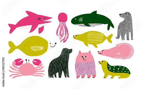 Cute Ocean Wildlife Vector Set – Shark Seal Whale Jellyfish Crab Sea Lion Illustration