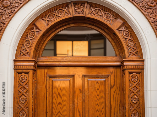 Freshly painted carved wooden entry with ornate arch detail