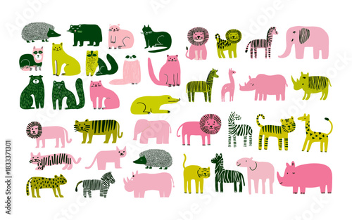 Wild animals vector set. Lions, tigers, elephants, zebras and cats in textured scandinavian style