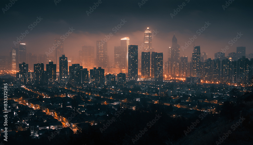 Obraz premium Dramatic cityscape at twilight. Dark, moody shot featuring illuminated skyline buildings and scattered lights in the foreground. Captures urban life, growth and density.