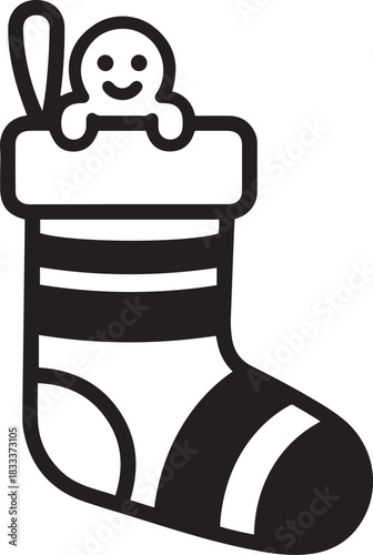 Black and white icon of a gingerbread man peeking out of a striped Christmas stocking holiday celebration