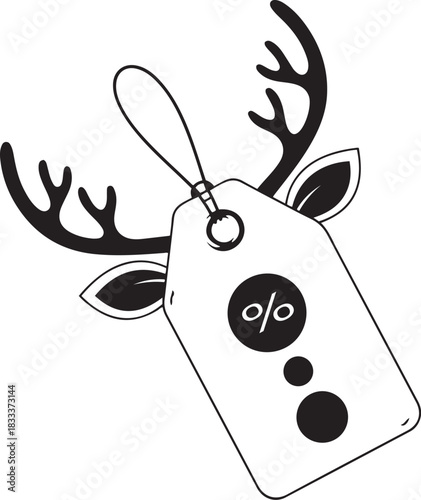 Black and white illustration of a price tag with reindeer antlers and a percentage symbol sale