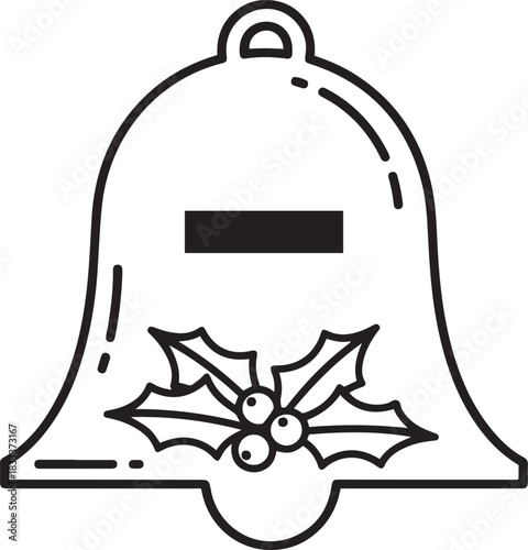 Black and white outline illustration of a Christmas bell with holly leaves and berries berry leaf