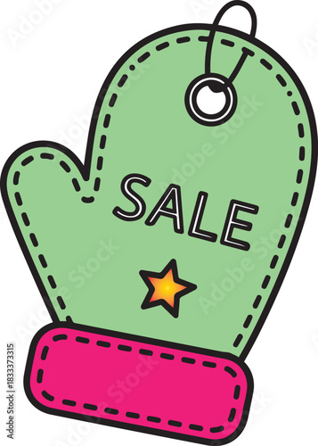 Light green mitten shaped tag with the word S A L E and a glowing star sale discount