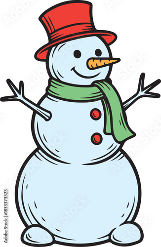 Cartoon snowman with red hat green scarf and carrot nose smiling with arms outstretched winter character