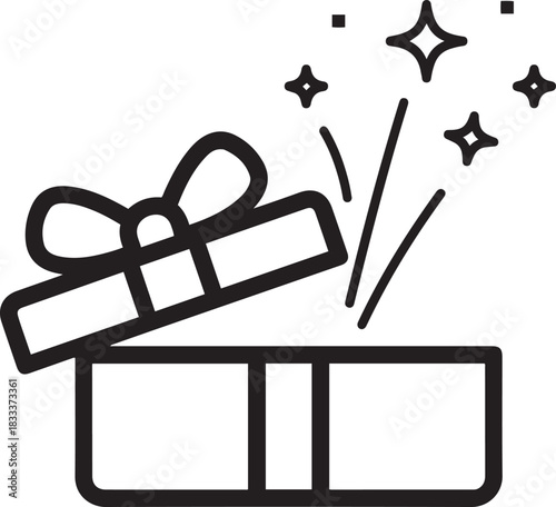 Open gift box with sparkling stars and lines bursting outwards in a black outline graphic present