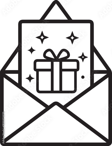 Open envelope with gift box and sparkling stars icon present invitation