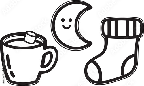 Simple black and white line art illustration of a happy crescent moon a mug of hot chocolate with marshmallow and a striped stocking