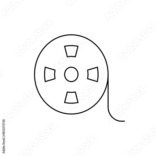 A simple line drawing of a film reel with a circular center and four square cutouts, with film trailing off