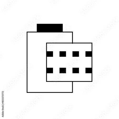 A simple illustration depicting a battery with a black top and a grid of squares on its side panel design