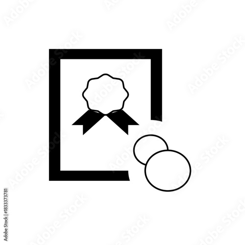 Illustration of a framed certificate with a seal and ribbon accompanied by overlapping circles shapes