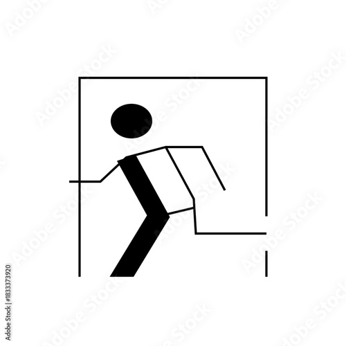 Illustration of a stick figure exiting through a doorway with a black head and bold black legs