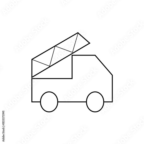 A simple line drawing of a fire truck with an extended ladder and two visible wheels on a white background