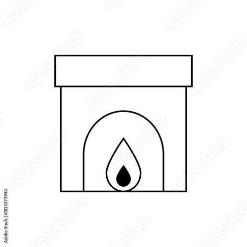 Illustration of a simple black and white fireplace with a visible flame inside the opening space