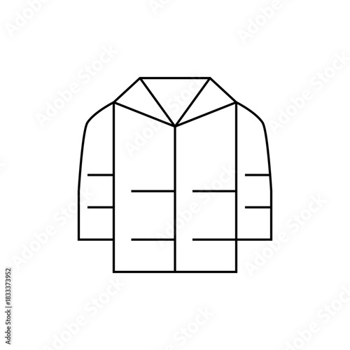 Illustration of a winter coat with a geometric hood and horizontal lines representing pockets and seams