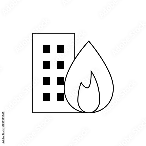 A simple line drawing depicts a building with multiple windows and a flame next to it, outlined in black