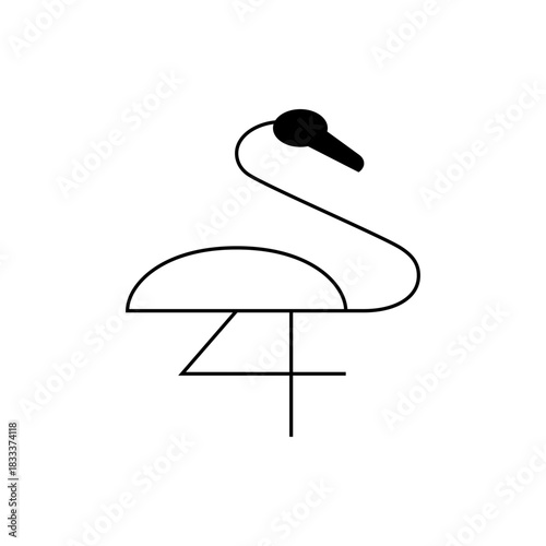A minimalist line drawing of a flamingo standing on one leg with a black head and beak design art