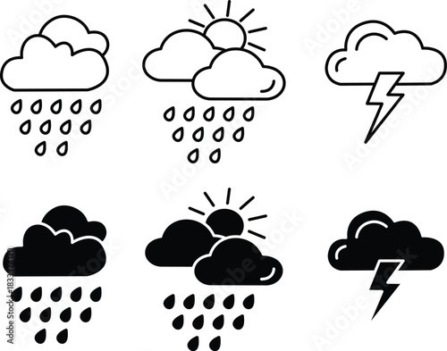 Big Professional Weather Forecast Icons Rain Sun Cloud Storm Snow Set Vector Silhouette and Pictogram..eps