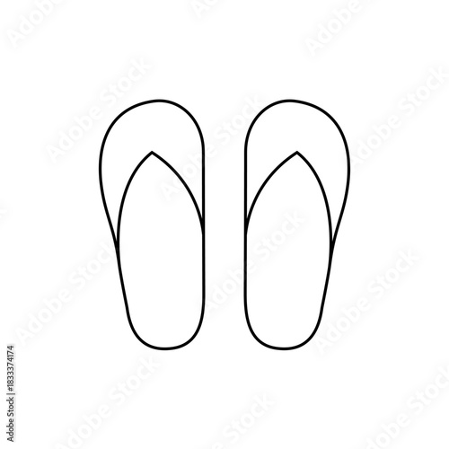 Illustration showing a pair of flip flops, outlined in black on a white background, simple design.
