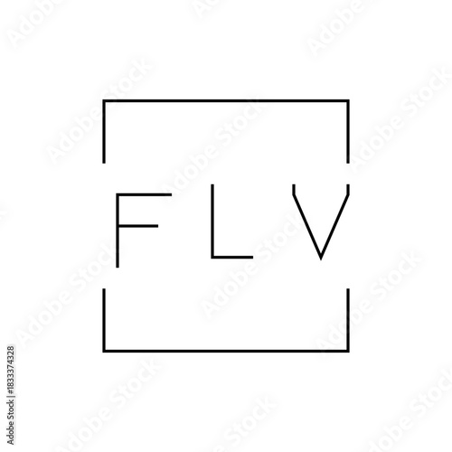 Illustration of a minimalistic logo with the letters flv inside a partial square outline design element