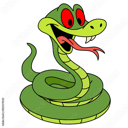 A vibrant green cartoon snake with captivating red eyes and a playful grin, showcasing its sharp fangs and long red tongue, coiled in an animated pose against a clean white background
