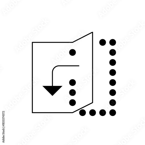 Illustration of an open door with an arrow pointing down inside and a dotted border on the right side