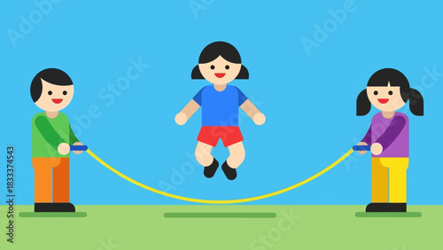 Children jumping rope outdoors on a sunny day.