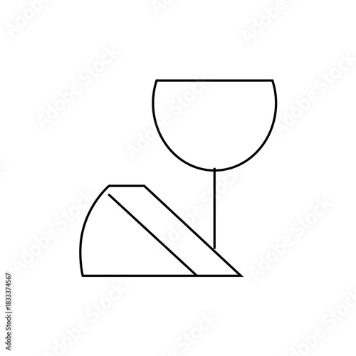 Illustration of a wine glass with a rounded bowl and a wedge of cheese with a rind, in black outline