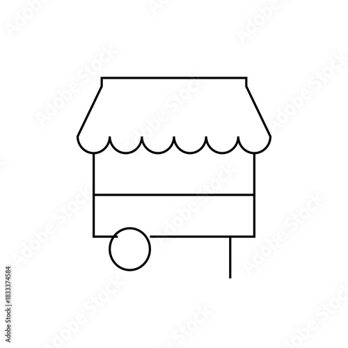 A simple line drawing of a market stall on wheels with a scalloped awning against a white background