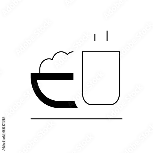 Illustration of a bowl with food next to a glass with rising steam lines on a horizontal line base