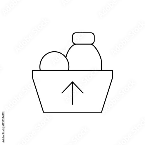 A simple line drawing of a container with an upward arrow holding a sphere and a bottle shape inside it