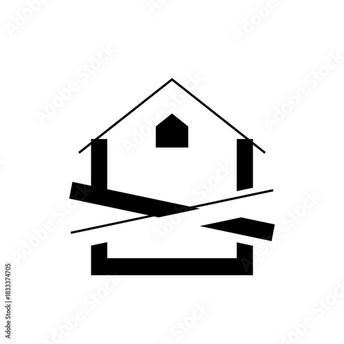 A minimalist illustration of a boarded up house with a triangular roof and a small window shape on top