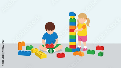 Children playing with colorful building blocks.
