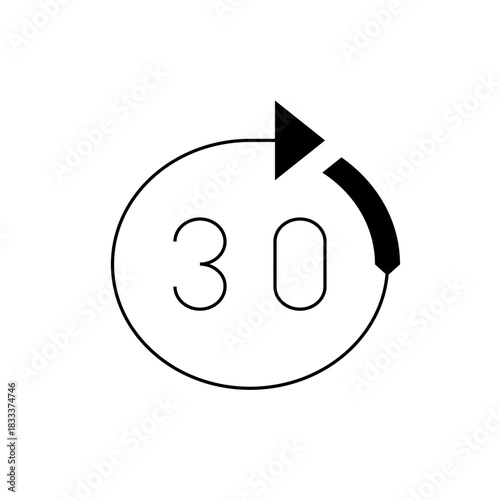 Illustration of a circular arrow moving clockwise around the number thirty inside of a circle shape