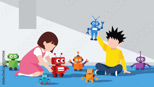 Children playing with colorful robot toys in a room.