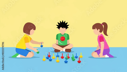 Children Playing With Spinning Tops.
