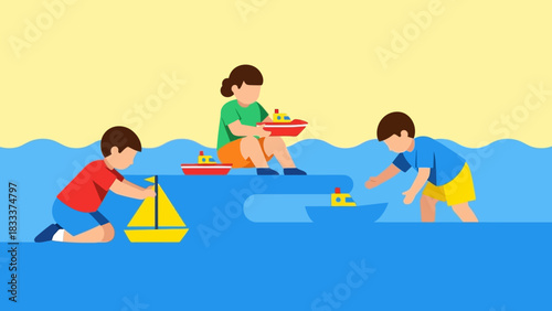 Children playing with toy boats and enjoying summer activities.