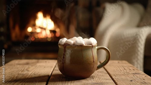 Cozy hot chocolate with melting marshmallows by a warm fireplace