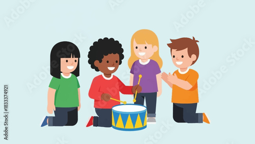 Diverse group of children playing music together.