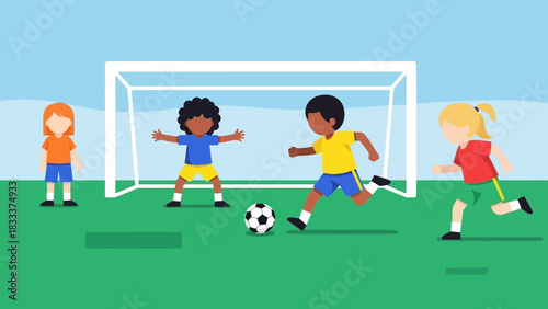 Diverse Group of Children Playing Soccer on a Green Field with a Goal.