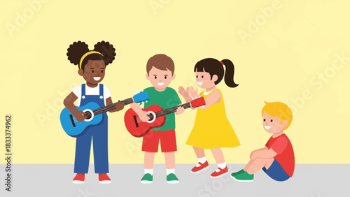 Diverse group of happy children playing guitars and dancing together, enjoying music and friendship.