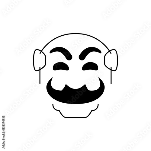 Illustration of a stylized face with arched eyebrows, closed eyes, and a large mustache shape face