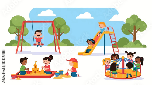 Happy Diverse Children Playing in Outdoor Playground.